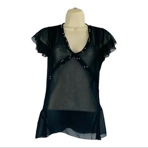 ZARA W&B Collection Chiffon Sheer Short Sleeve Top Embellished w/ Faux Pearls S